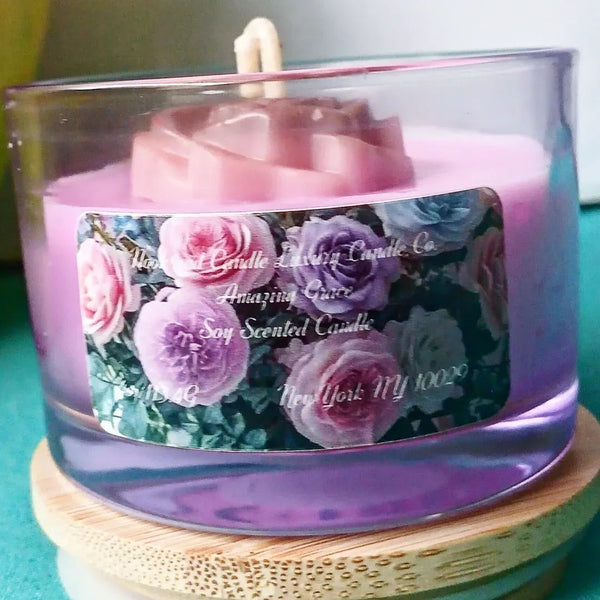 Nook and Candle Amazing Grace Soy Scented Candles 4oz jar with wooden lid and flower tie bag