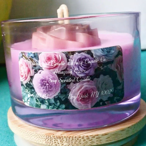 Nook and Candle Amazing Grace Soy Scented Candles 4oz jar with wooden lid and flower tie bag