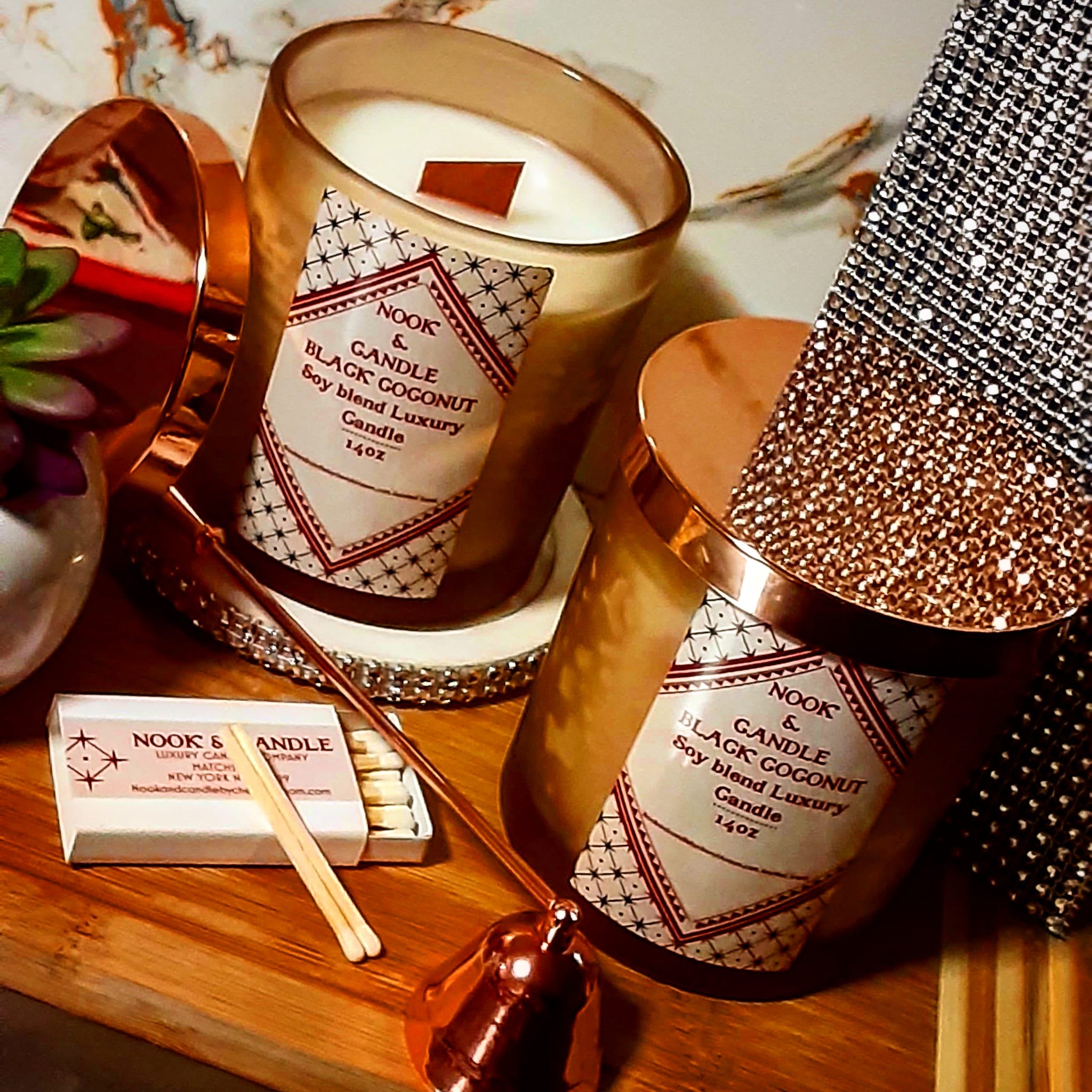 NOOK & CANDLE Black Coconut Wooden wick Soy blend Luxury Candle 14oz jar with rose gold lid and gift box