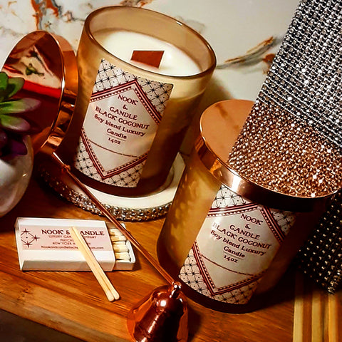 NOOK & CANDLE Black Coconut Wooden wick Soy blend Luxury Candle 14oz jar with rose gold lid and gift box