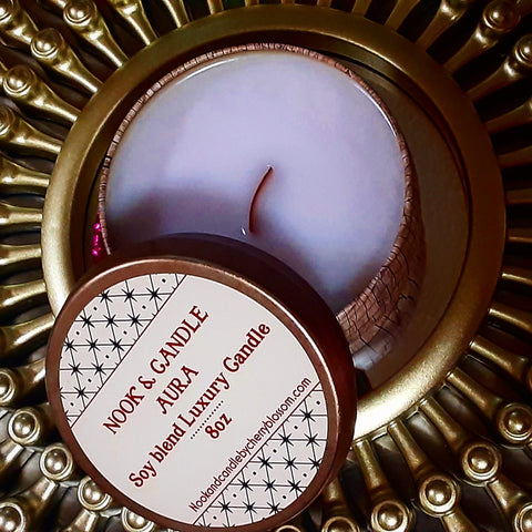 NOOK & CANDLE AURA Scented Candle with wave Wooden wick and lid 8oz jar fragrance in Pink Sands includes gift box